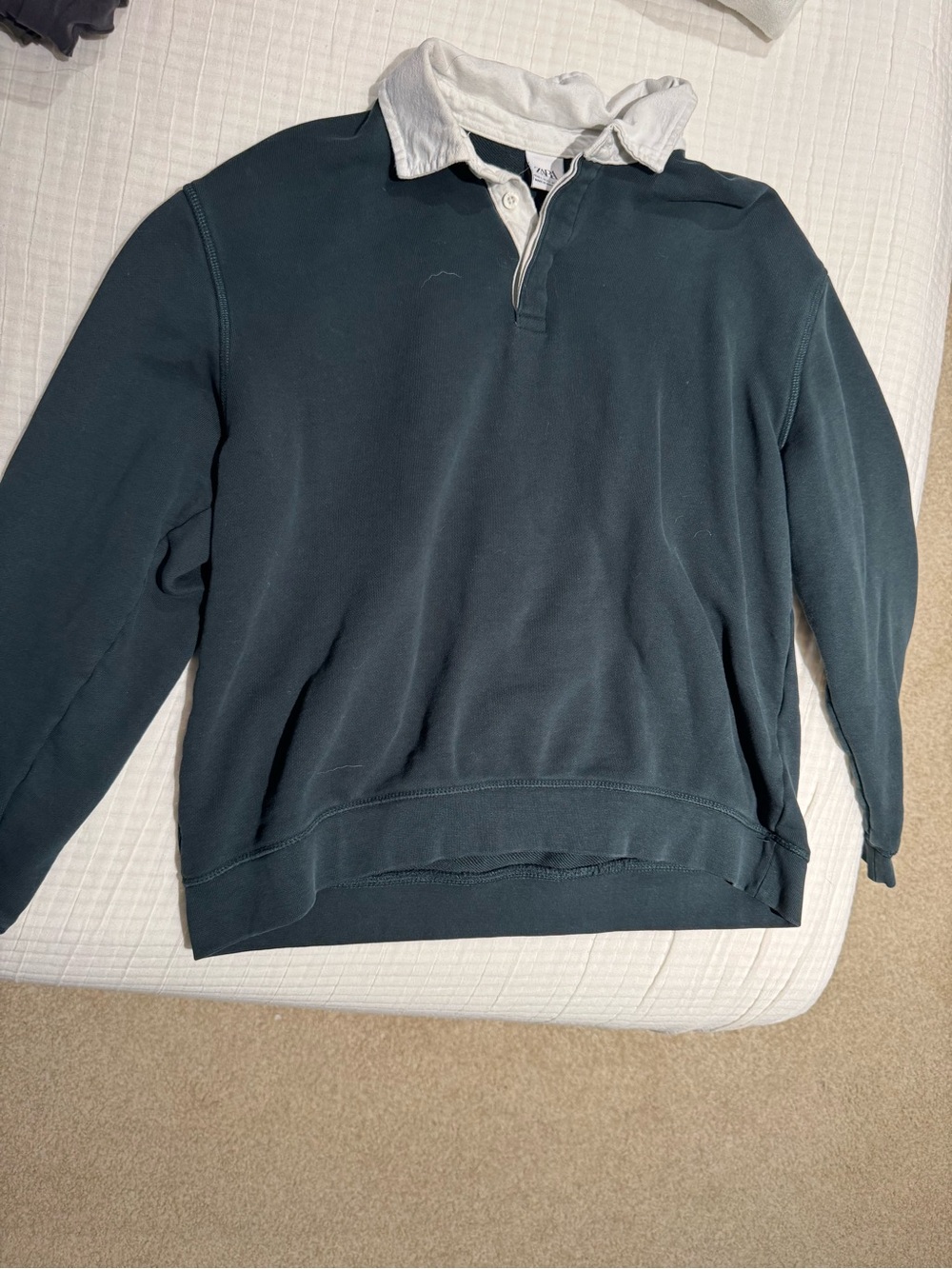 Zara Men's Dark Teal Crewneck Rugby Collar Pullover